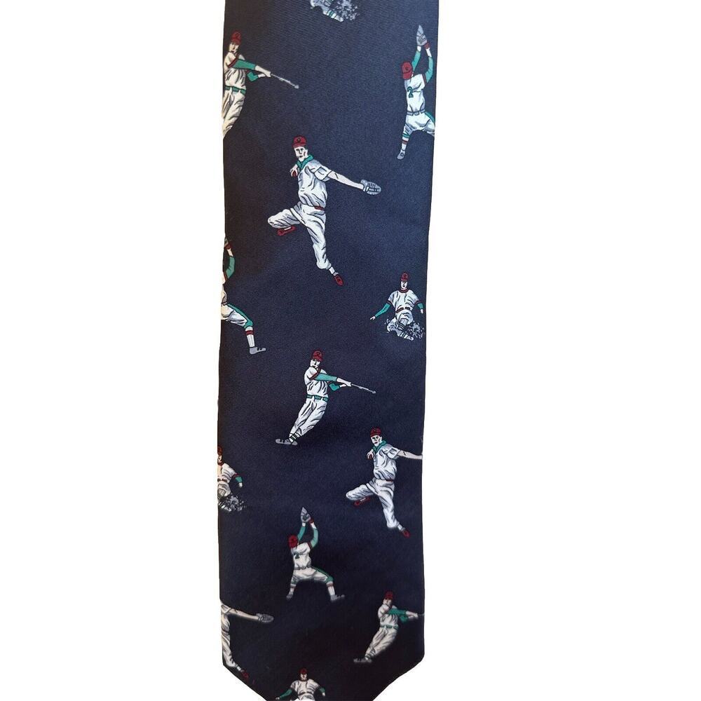 LANDS END Vintage NECK TIE BASEBALL Navy Blue Silk